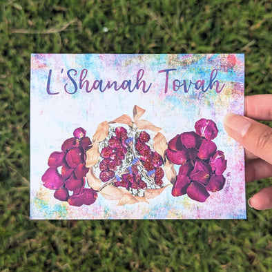 "L'Shanah Tovah" Pomegranate Art with Glitter, Rosh Hashanah Card, Recycled Greeting Card