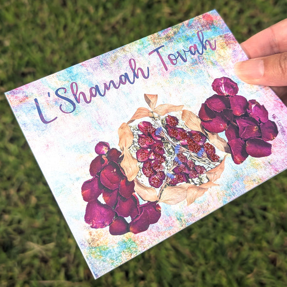"L'Shanah Tovah" Pomegranate Art with Glitter, Rosh Hashanah Card, Recycled Greeting Card