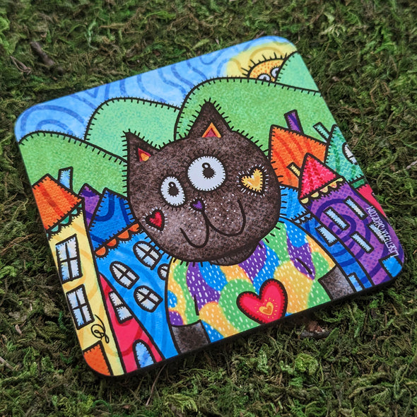 "Cat in a Village" Art Coaster