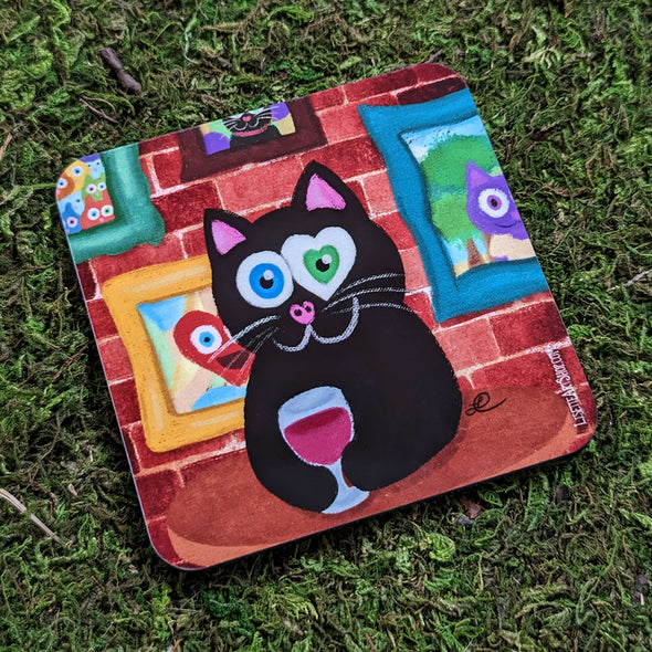 "Having Wine and Feline Fine" Cat Art Coaster