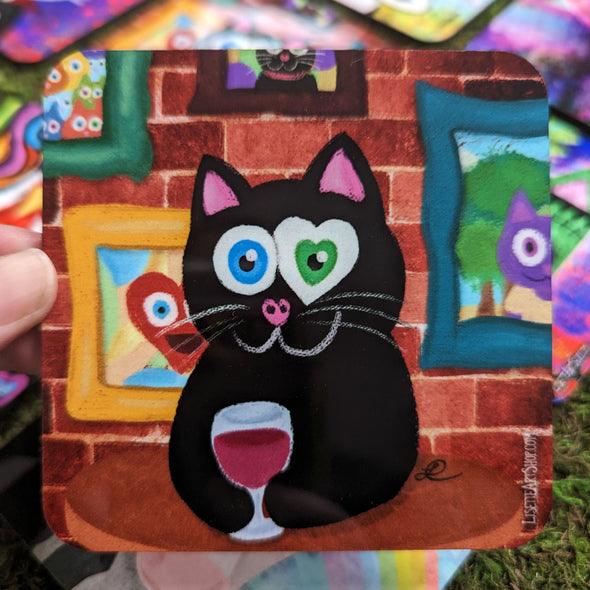 "Having Wine and Feline Fine" Cat Art Coaster