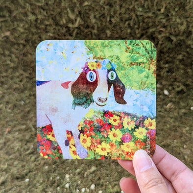 "Sweet Goat with Flower Crown Portrait" Whimsical Art Coaster