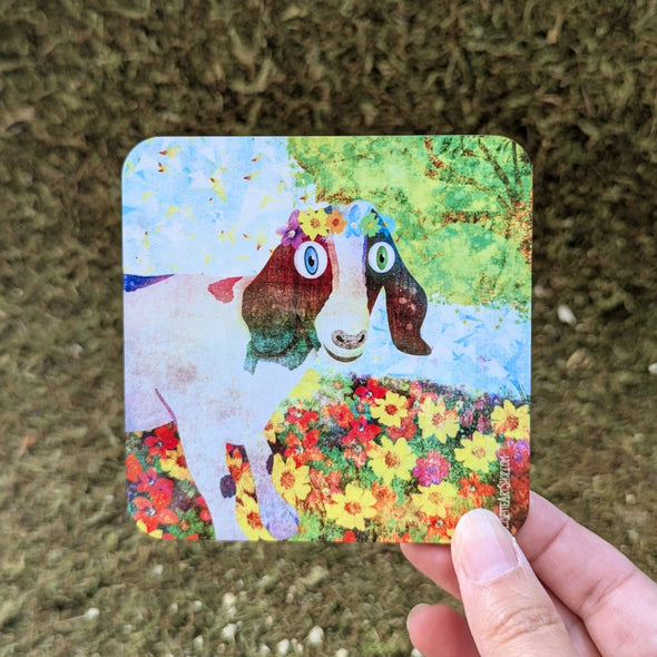 "Sweet Goat with Flower Crown Portrait" Whimsical Art Coaster