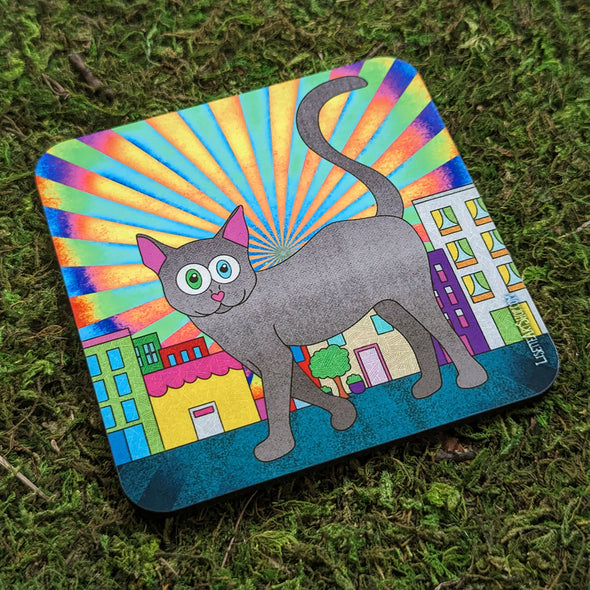 "Giant Kitty in a City" Cat Coaster