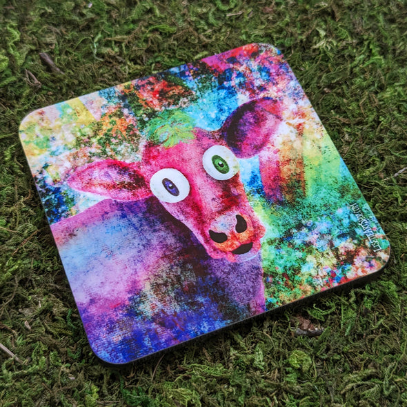"Pink Cow Vintage Pop" Art Coaster