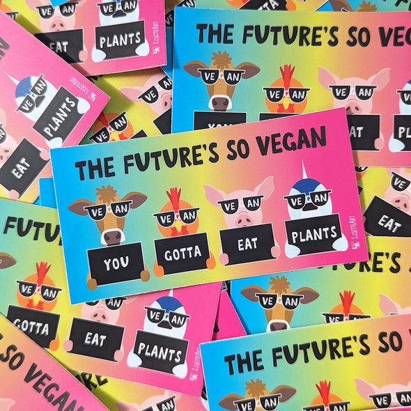 "The Future's So Vegan, You Gotta Eat Plants" Cute Animals in Sunglasses Vegan Vinyl Mini Bumper Sticker