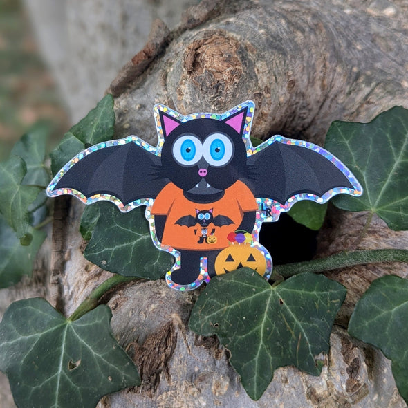 "TRICK OR TREATS" Bat Cat Halloween Die Cut Glitter Sticker