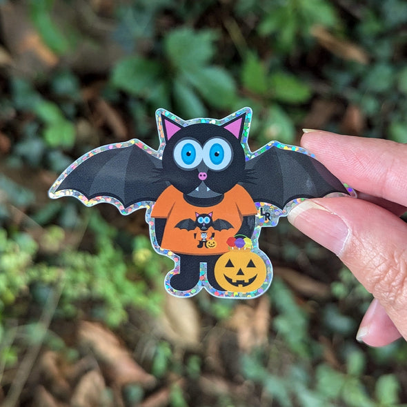 "TRICK OR TREATS" Bat Cat Halloween Die Cut Glitter Sticker