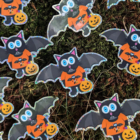 "TRICK OR TREATS" Bat Cat Halloween Die Cut Glitter Sticker