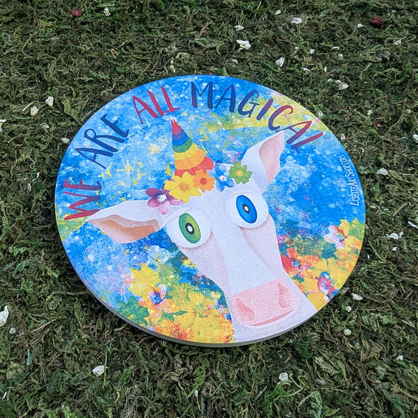 We are all Magical - Whimsical Cow Round Stone Coaster