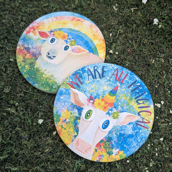 We are all Magical - Whimsical Cow Round Stone Coaster