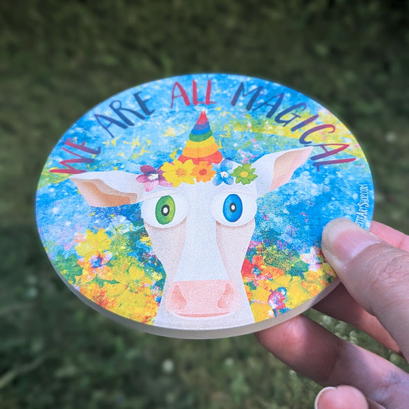 We are all Magical - Whimsical Cow Round Stone Coaster