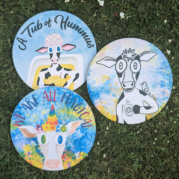 We are all Magical - Whimsical Cow Round Stone Coaster