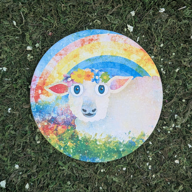 "Sheep in Grass with Flower Crown" Round Stone Coaster