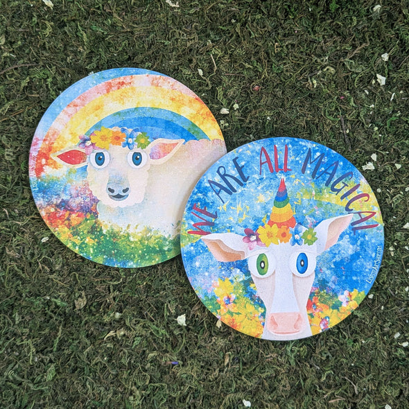 "Sheep in Grass with Flower Crown" Round Stone Coaster