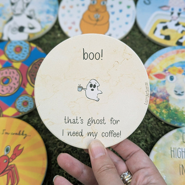 "boo! I need my coffee!" Ghostie Round Stone Coaster