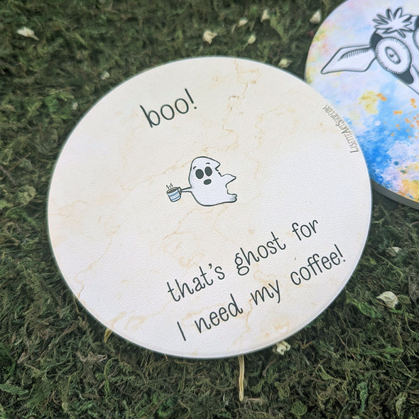 "boo! I need my coffee!" Ghostie Round Stone Coaster