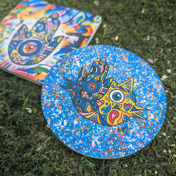 "Hamsa Judaicat" Round Stone Coaster