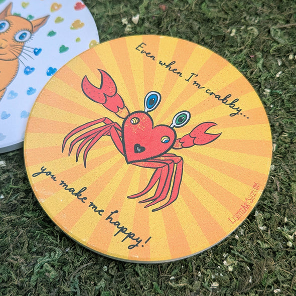 "Happy Crabee" Round Stone Coaster