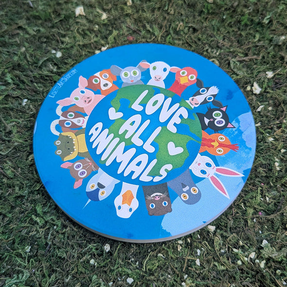 "Love All Animals" Round Stone Coaster