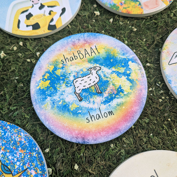 "shabBAAt shalom" Shabbat Sheep Round Stone Coaster