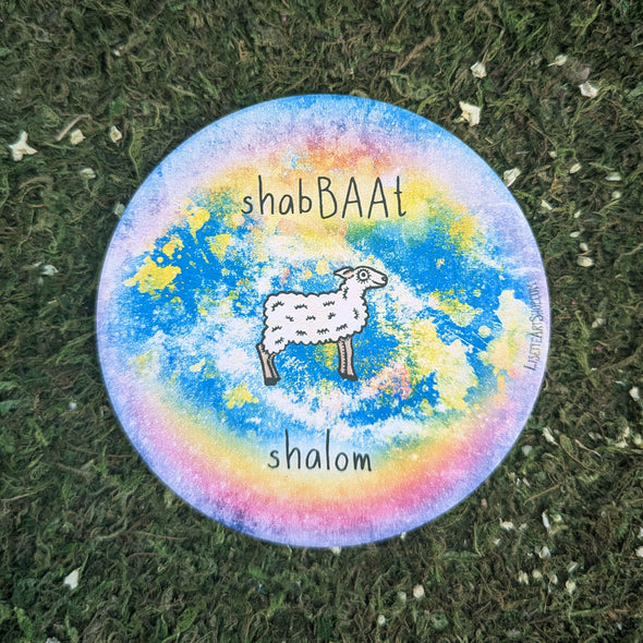 "shabBAAt shalom" Shabbat Sheep Round Stone Coaster