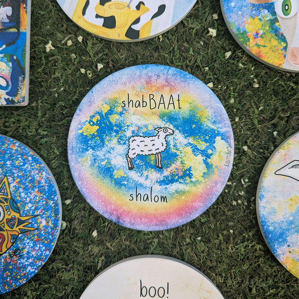 "shabBAAt shalom" Shabbat Sheep Round Stone Coaster