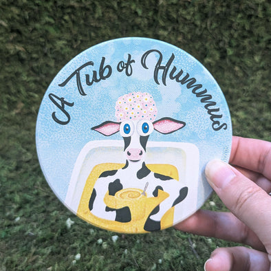 "A Tub of Hummus" Humorous Cow Round Stone Coaster