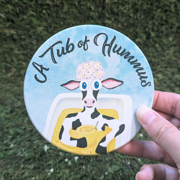 "A Tub of Hummus" Humorous Cow Round Stone Coaster