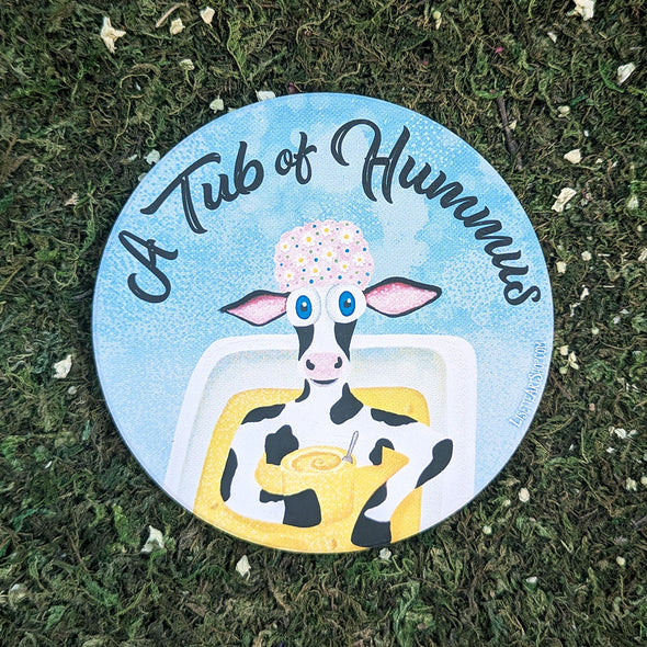 "A Tub of Hummus" Humorous Cow Round Stone Coaster