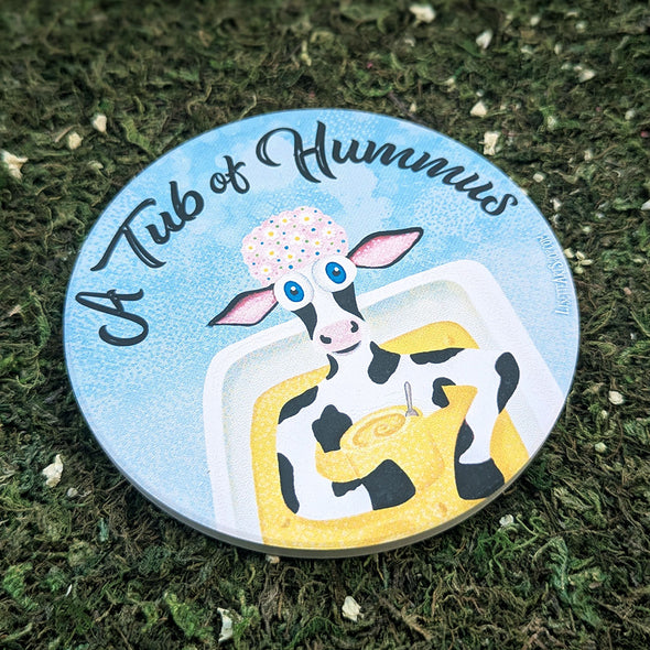 "A Tub of Hummus" Humorous Cow Round Stone Coaster