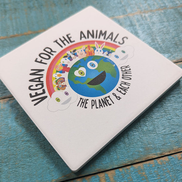 "Vegan for Everything" Cute Animals Square Stone Coaster