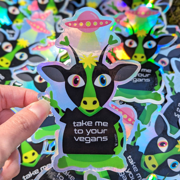"Take Me To Your Vegans" Jumbo Alien Cow Holographic Vinyl Sticker