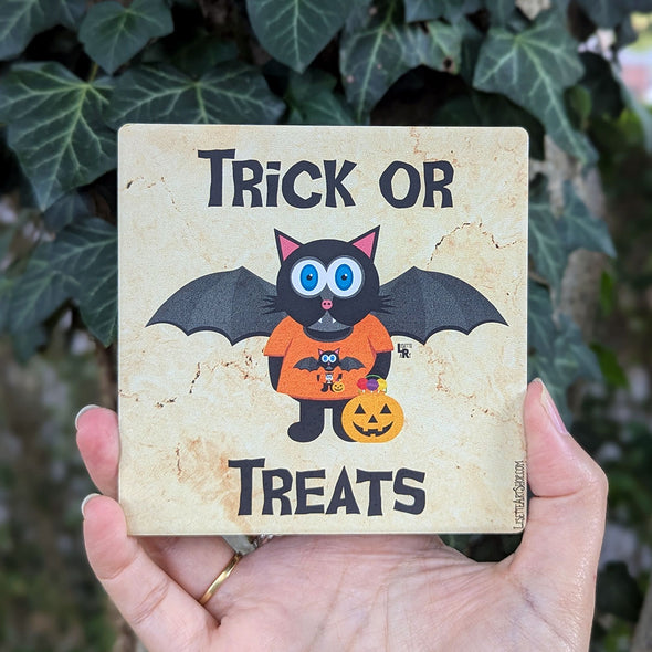 "TRICK OR TREATS" Bat Cat Halloween Square Stone Coaster