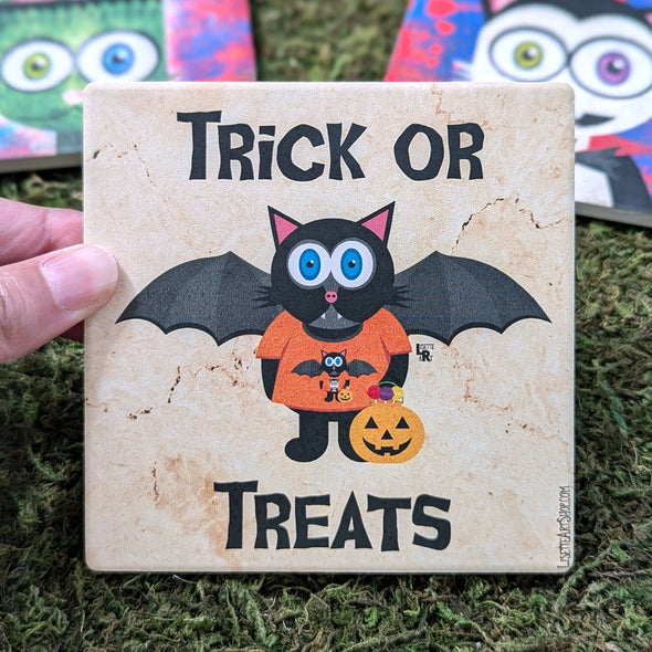 "TRICK OR TREATS" Bat Cat Halloween Square Stone Coaster