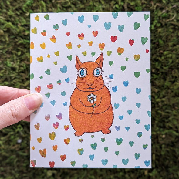 Love Squirrel with Flower and Rainbow Hearts - Cute Valentine's Day Card, Recycled Anniversary Card