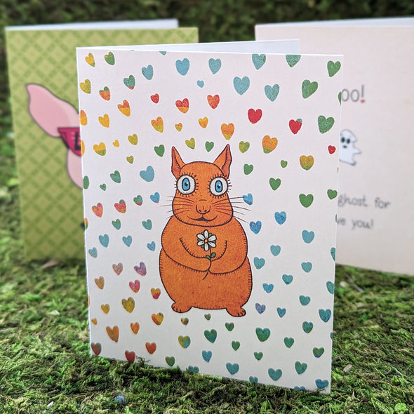 Love Squirrel with Flower and Rainbow Hearts - Cute Valentine's Day Card, Recycled Anniversary Card