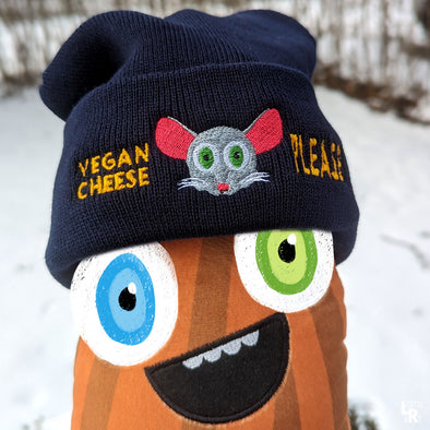"Vegan Cheese Please!" Embroidered Beanie with Pom-pom, Cute Mouse Hat