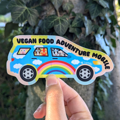 "Vegan Food Adventure Mobile" Cute Animals in Car Vinyl Bumper Sticker