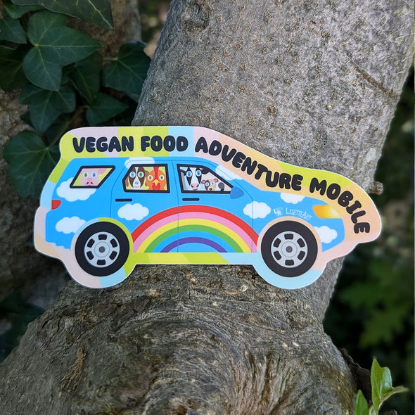 "Vegan Food Adventure Mobile" Cute Animals in Car Vinyl Bumper Sticker