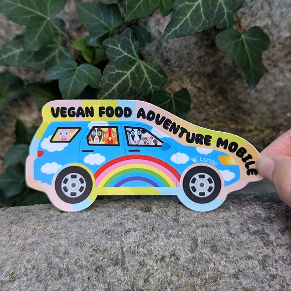 "Vegan Food Adventure Mobile" Cute Animals in Car Vinyl Bumper Sticker