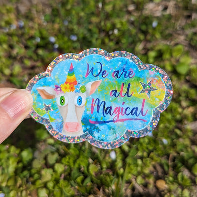 "We are all Magical" Flower Crown Cowicorn, Die Cut Glitter Vinyl Sticker