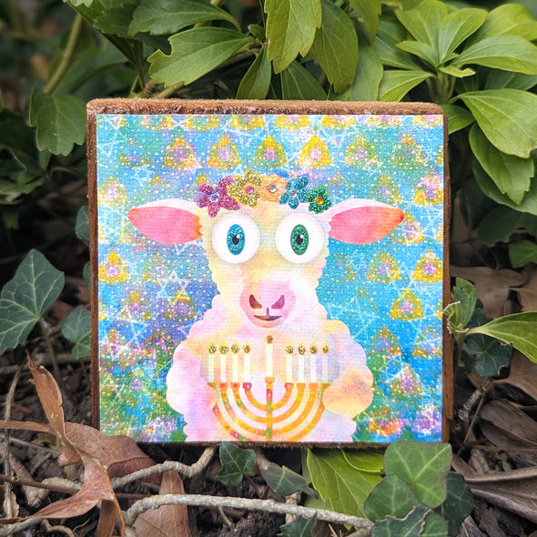 Hanukkah Sheep with Menorah - Glitter Canvas Art on Reclaimed Wood Block