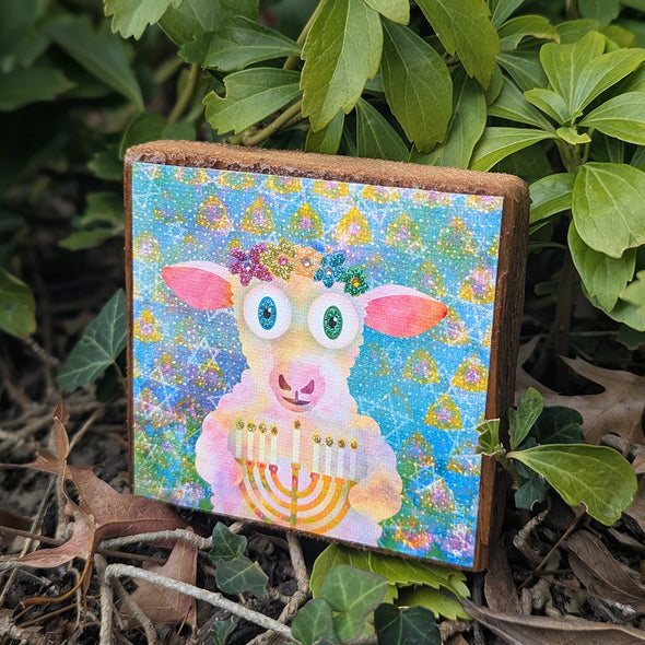 Hanukkah Sheep with Menorah - Glitter Canvas Art on Reclaimed Wood Block