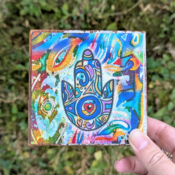 "Hamsa א‎" - Judaica Canvas Art on Reclaimed Wood Block