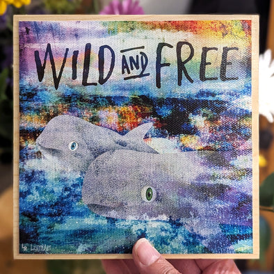 "Blue Cove - Wild and Free" Risso Dolphins Art on Wood Block Sign