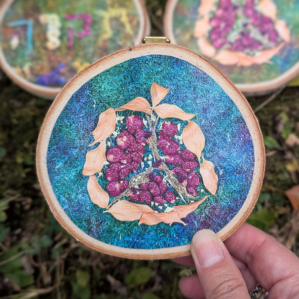 Pomegranate - Rimon - Dried Flowers Judaica Art on Wood Slice Wall Hanging with Glitter Accents
