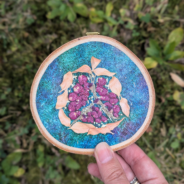 Pomegranate - Rimon - Dried Flowers Judaica Art on Wood Slice Wall Hanging with Glitter Accents