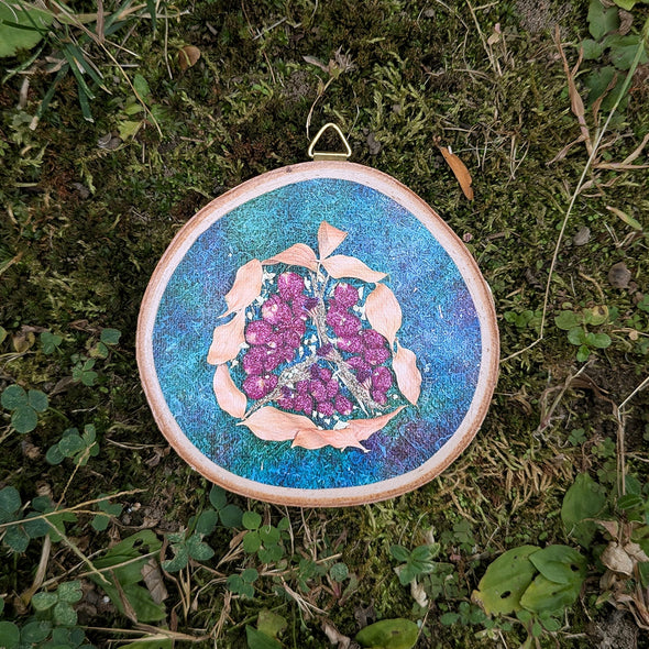 Pomegranate - Rimon - Dried Flowers Judaica Art on Wood Slice Wall Hanging with Glitter Accents