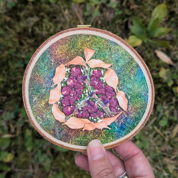 Pomegranate - Rimon - Dried Flowers Judaica Art on Wood Slice Wall Hanging with Glitter Accents